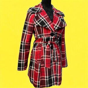 Vtg Y2K Wet Seal Plaid Peacoat L Red Black Wool Blend Belted Punk Goth Grunge